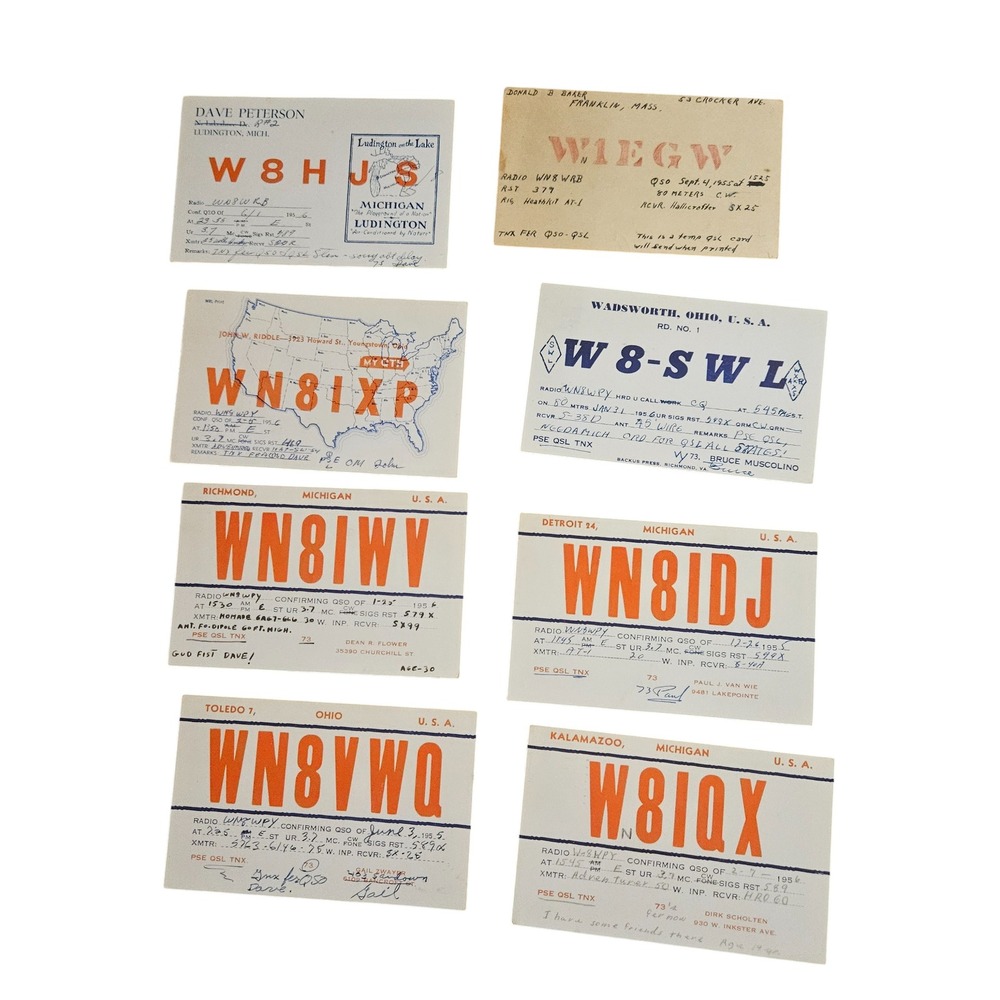 Lot of 8 Vintage 1950s Ohio, Michigan, USA Ham Amateur Radio QSL Cards Postcards